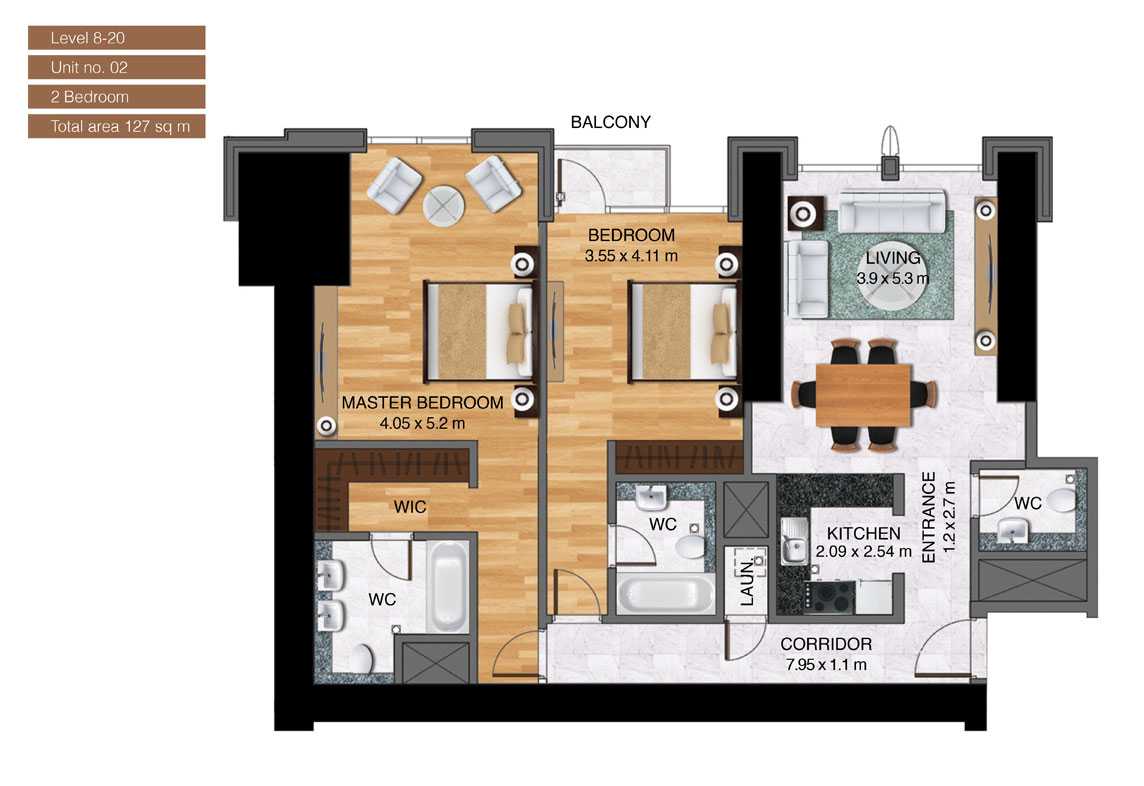 Level-8-20,Unit-no-02-,2-Bedroom-,Size-127-Sq m